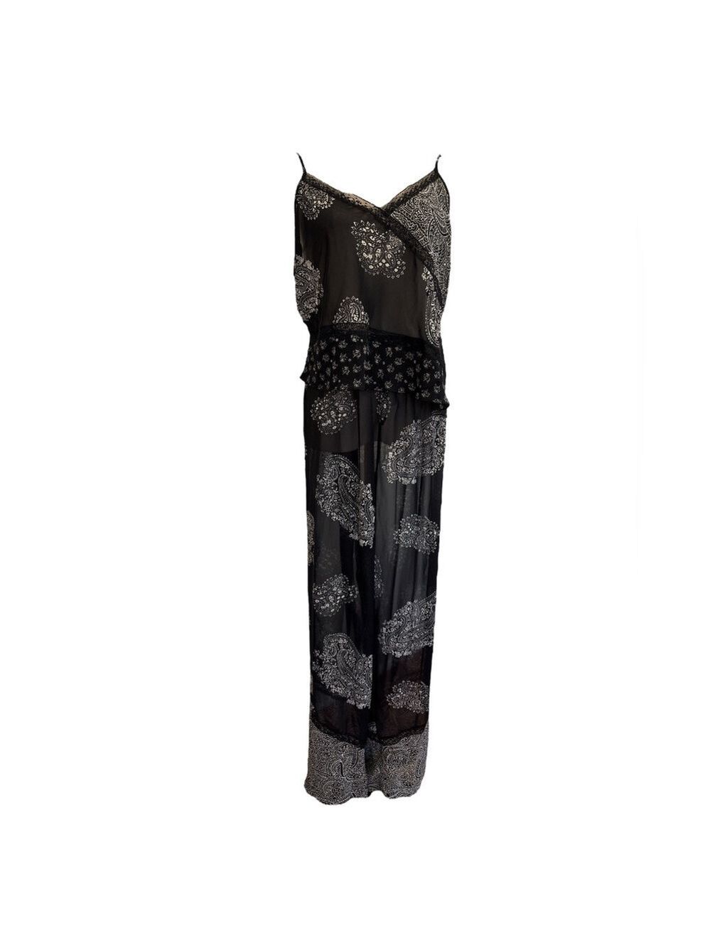 90s 2PC DELICATES BOHO SHEER BLK & CREAM PAISLEY CROP TOP & WIDE LEG PANT SZ XL - Picture 2 of 16